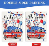 Welcome 4th of July Camping Patriotic Decorative House Flag, America Camper RV Stars Stripes Garden Yard Outside Decorations, American USA Campsite Outdoor Large Home Decor Double Sided 28 x 40