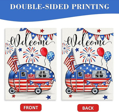 Welcome 4th of July Camping Patriotic Decorative House Flag, America Camper RV Stars Stripes Garden Yard Outside Decorations, American USA Campsite Outdoor Large Home Decor Double Sided 28 x 40