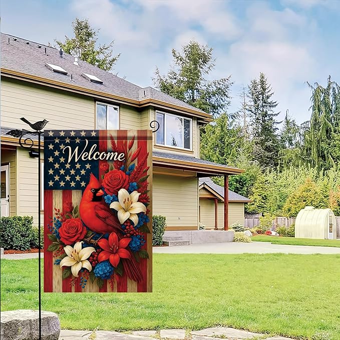 Spring Summer Garden Flag 12x18 Inch Patriotic Cardinal Welcome American Outdoor Floral Bird Design Outdoor Yard Porch Lawn for Seasonal Americana Farmhouse Home Decor