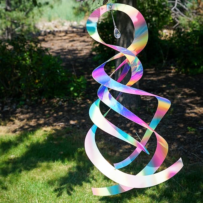 In the Breeze 9158 — Striped Iridescent Mylar Spin Quartet with Crystal — Colorful Suncatcher Wind Spinner for Yards and Gardens with Plastic Crystal…