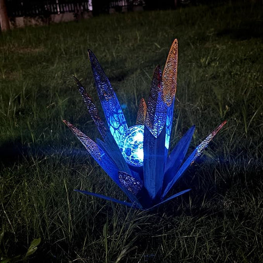 Tequila Rustic Sculpture, Metal Agave Statues Garden Hand Painted Decor for Yard Lawn Patio, Home Outdoor Courtyard Decoration with Solar Light Hollowed Leaves, Ornament Gifts (Blue, Size)