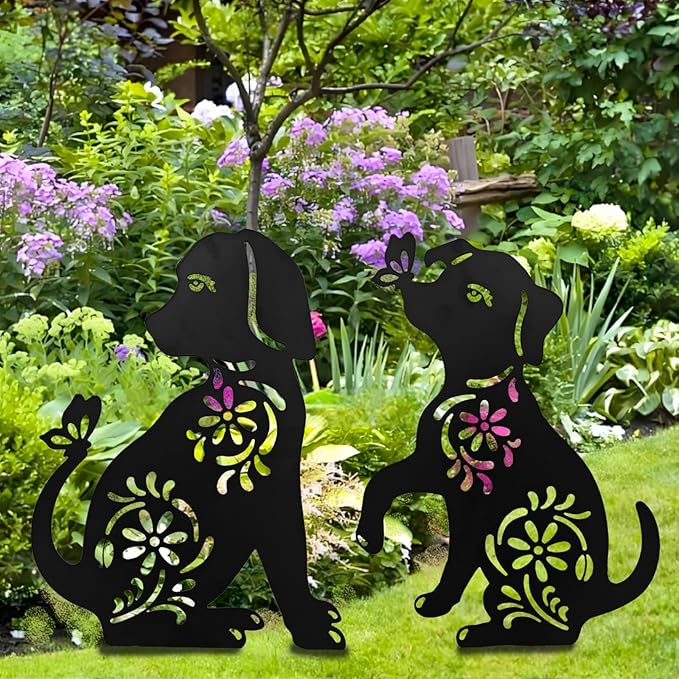 Dog Decor Outdoor Metal Decor, Garden Gecor for Outside Dog Garden Statue, Black Puppy Outdoor Garden Decor, Metal Garden Art Decorations, 2PCS (Dog2)