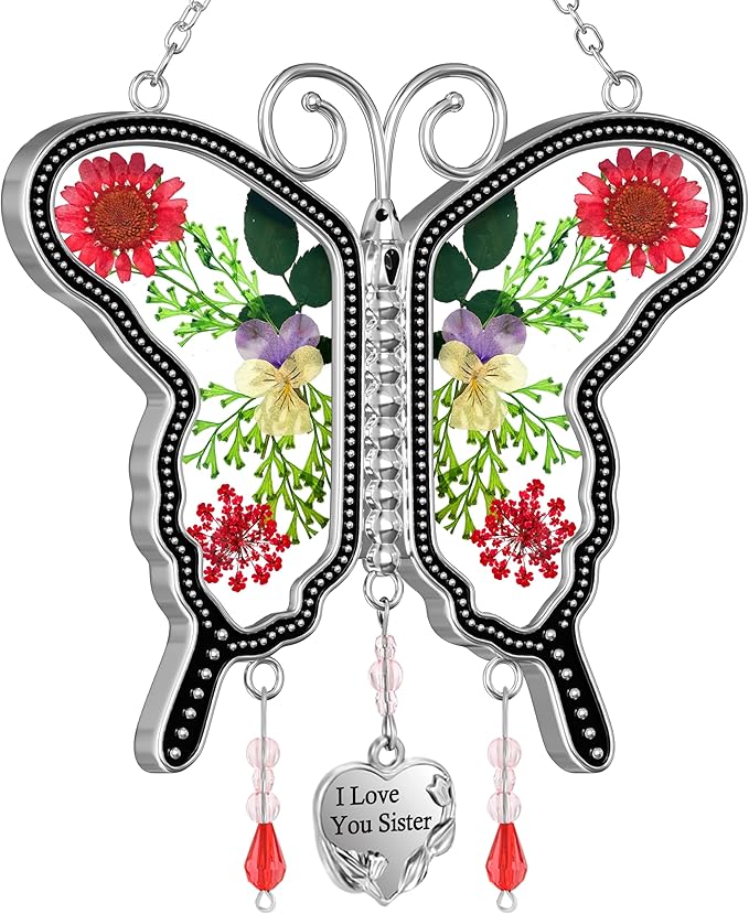 KY&BOSAM Butterfly Suncatcher I Love You Sister Stained Glass Panels Hangings for Windows Suncatchers Pressed Real Flower Wing in Glass Dream Catchers Birthday Mother`s Day Wind Chimes