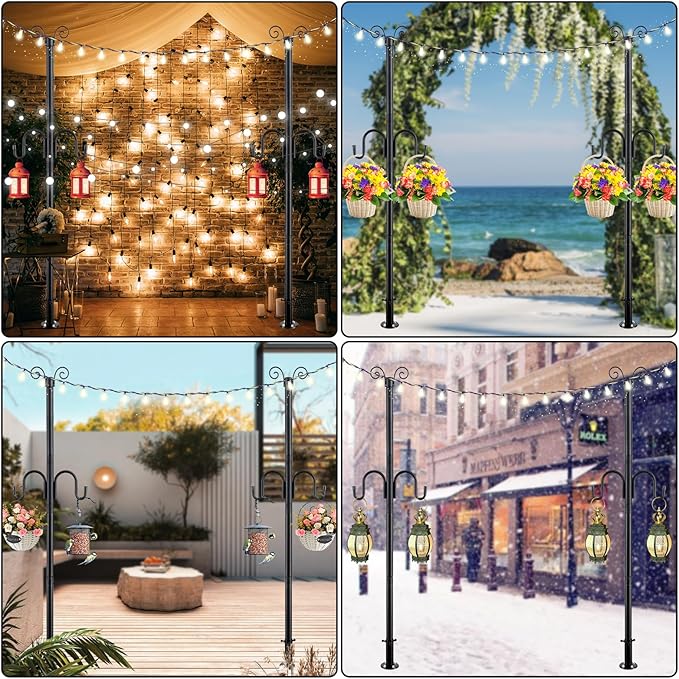 String Light Poles for Outside, 10FT Heavy Duty Outdoor String Light Pole Stand with Shepherd Hooks for Wood Deck Concrete Patio Garden Backyard Wedding Party Bird Feeder Lanterns Flower Basket 1PC