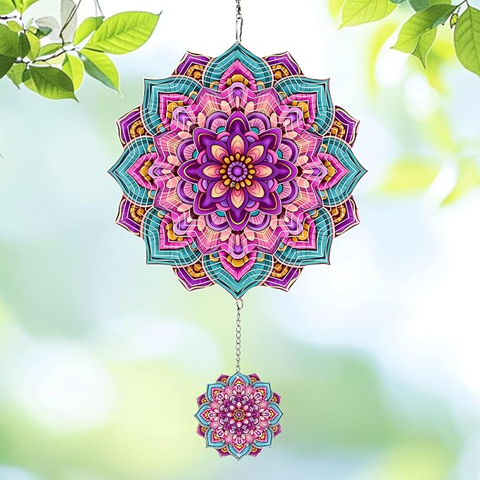 Wind Spinners Outdoor Flower Boho, 12 inch Laser Cut Metal Art Geometric Pattern Wind Spinners Hanging Kinetic for Yard, Garden, Patio, Outdoor - Craft Decor Birthday Gifts for Women, Men, Mom