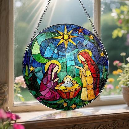 8'' Stained Glass Window Hanging, Nativity Scene Ornament, Religious Ornament, Sun Catcher Window Decor, Christian Holiday Decor, Gifts for Christmas, Christian Gift, Religious Gift