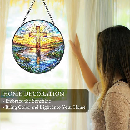 Cross Forget Me Not Stained Glass Window Hanging Suncatcher, Christian Flower Sunset Sun Catcher Indoor Window Decor Gifts, Religious Painted Glass Round Wall Hanging Decorations 7.8x7.8 in