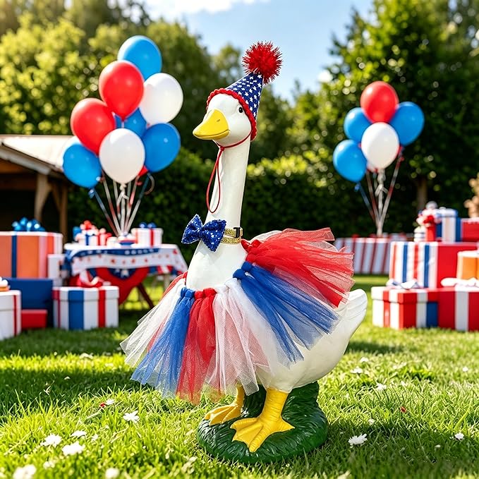 Porch Goose Statue Home Decor - 20" Large Resin Porch Goose with Independence Day Goose Outfits, Holiday Indoor or Outdoor Decorative Figurine for Garden,Lawn,Yard,Entryway Accent,Housewarming Gifts