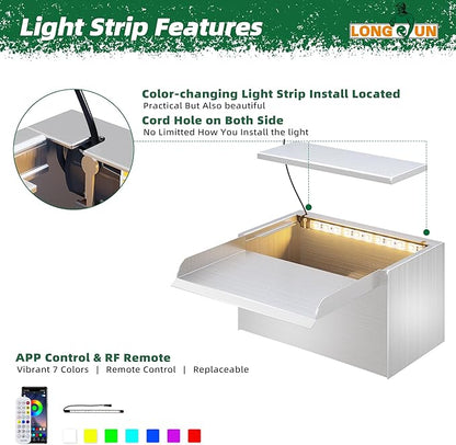 Longrun Pond Waterfall Box with Pump Kit, 304 Stainless Steel Pond Spillway with 396 GPH 1500L/H Pump for Ponds, Pond Spillway Color-Changing LED Light Strip for Garden Waterfall (9.06")