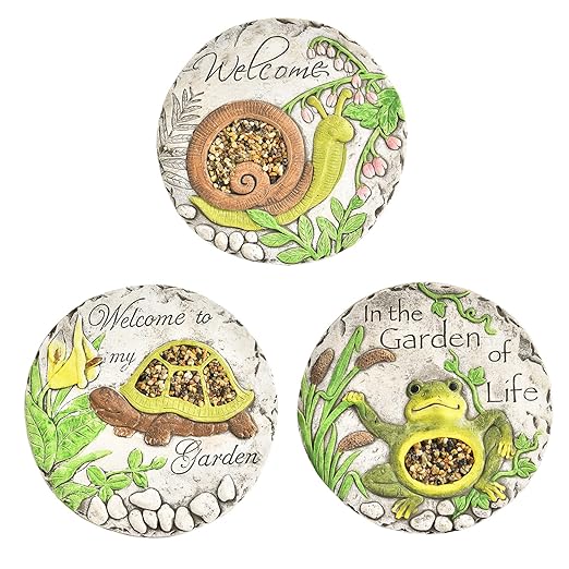 Sungmor 3PC Pretty Garden Stepping Stones, 9.8" Large Concrete Decorative Stones with Beautiful Pattern, Unique Outdoor Lawn Accents, Yard Walkway Flower Bed Wall Shelf Welcome Friends Decorations