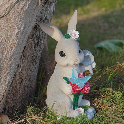 Garden Statues Rabbit with Solar Light,Bunny Outdoor Garden Decor Ornaments for Patio Yard Art,Birthday Gift Easter House Warming Garden for Women Mom,Resin Animal Figurine with Wider Base