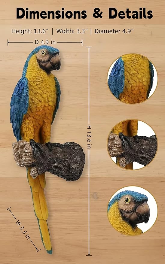 Tropical Parrot Statues Hanging Decor,13.6''(H) Wall Decor Parrot Sculpture for Home Porch Patio Door,Resin Macaw Statue Outdoor Garden Yard Tree Art Ornaments(Blue-and-Yellow)