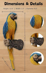 Tropical Parrot Statues Hanging Decor,13.6''(H) Wall Decor Parrot Sculpture for Home Porch Patio Door,Resin Macaw Statue Outdoor Garden Yard Tree Art Ornaments(Blue-and-Yellow)