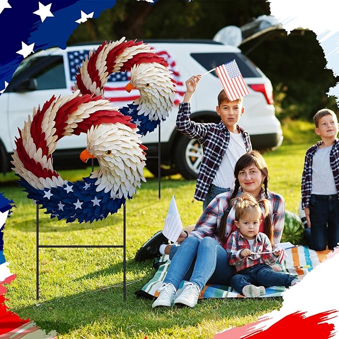 Amyhill 2 Pcs 4th of July Outdoor Decor Patriotic Eagle Metal Garden Stakes Welcome Yard Signs Red White Blue Garden Stakes for 250th Anniversary Independence Memorial Day Patio Lawn Walkway Outside