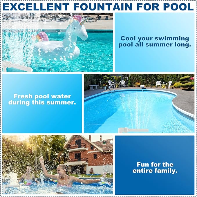 Pool Fountain for Inground Swimming Pool Adjustable Pool Fountains for Above Ground Pools Waterfall Fountain Kit Water Fun Sprinklers Fits Most 1.5" Above Inground Pools Threaded Return Jets