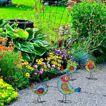 4 Pack Bird Garden Decor for Outside, Glass & Metal Yard Art Decoration for Porch Patio, Garden Statues Sculpture Gifts for Grandma Mom Women (Colorful)