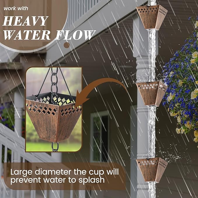 Square Rain Chain Gutter Downspout Copper Rain Chains for Gutters with 12 Cups, Adjustable Rain Catcher Chain with Bell for Outside Water Diverter Garden Decorative Garden, 8.5 Ft