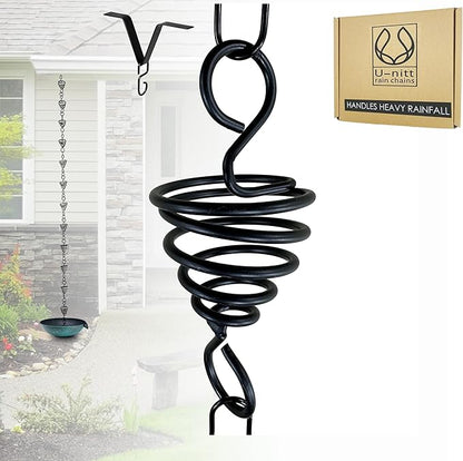 U-nitt Rain Chain Water Collection for Gutters Rainwater Catcher & Diverter, 8.5 FT Chains for Outside Garden, Black Bird Nest Cups, Roof Downspout, Works with Heavy Rain, Gutter Clip for Rainchains