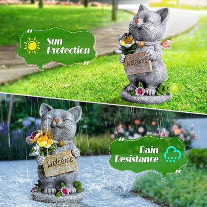 Garden Outdoor Statues Solar Cat Outside Statue Garden Decor for Yard Patio Porch Home Lawn Balcony, Gifts for Grandma Mother Women