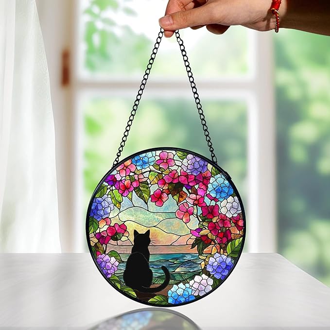 Black Cat Hydrangea Flower Stained Glass Window Hanging, Black Cat Sun Catchers Indoor Window Round Glass Wall Art Decor, Cats Floral Suncatcher Wall Hanging Decorations, Lawn Care