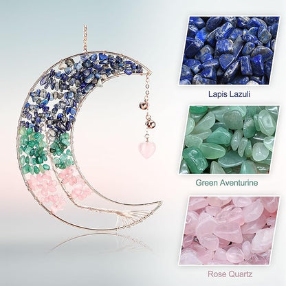 Yoption Lapis Lazuli Moon Tree of Life Agate Slice Wind Chime, Handmade Healing Crystal Stone Wind Chime for Home Wall Garden Decorative Ornament, Unique Gift