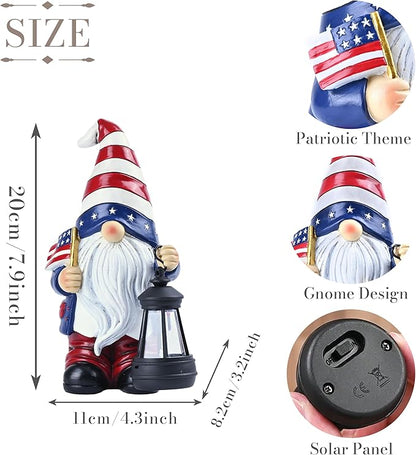 TERESA'S COLLECTIONS 4th of July Gnome Decorations with Solar Lantern, Memorial Day Decorations Resin Patriotic Garden Gnome Holding American Flag, USA 250th Anniversary Independence Day Gift 8"