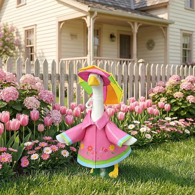 DECOHS 3 Pcs/Set Raincoat Porch Goose Outfits, Summer Lawn Goose Statue Raincoat Costume, Yard Goose Clothes Raincoats Umbrella Hat Outfit for 23" Statue Patio Garden Decoration (Rosy)