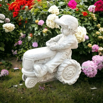 Concrete Young Child on a Tractor Figure Massive Boy on Tractor Statue Outdoor Farm Decoration