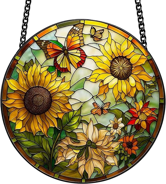 Stained Glass Window Hanging, Sunflower Sun Catchers Glass Panel Yellow Suncatcher Decor for Birthday, Women, Men, Wife, Aunt, Lovers, Home Garden 7.8 in