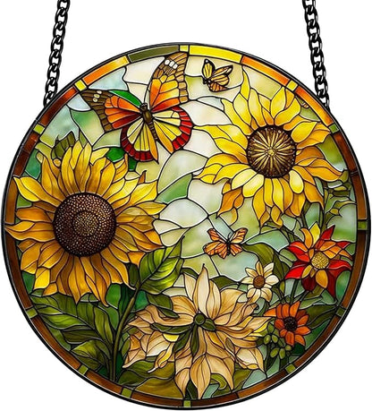 Stained Glass Window Hanging, Sunflower Sun Catchers Glass Panel Yellow Suncatcher Decor for Birthday, Women, Men, Wife, Aunt, Lovers, Home Garden 7.8 in