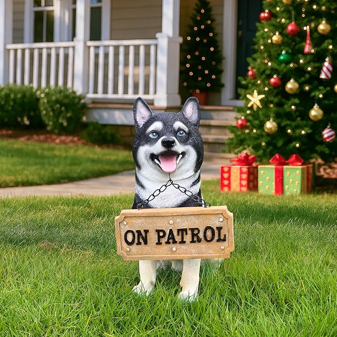 Husky Welcome Light with Solar Lantern & Double-Sided Sign, Sitting Black & White Husky Sculpture for Entry Shelf, Patio & Garden Edge