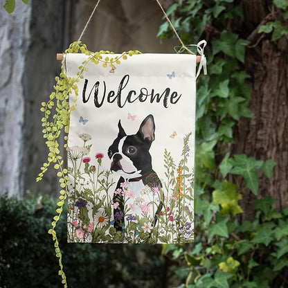Spring Summer Garden Flag Floral Boston Terrier Yard Flag Flower Dog Garden Flags for Outside Small Outdoor Welcome Flags 12x18 Double Sided