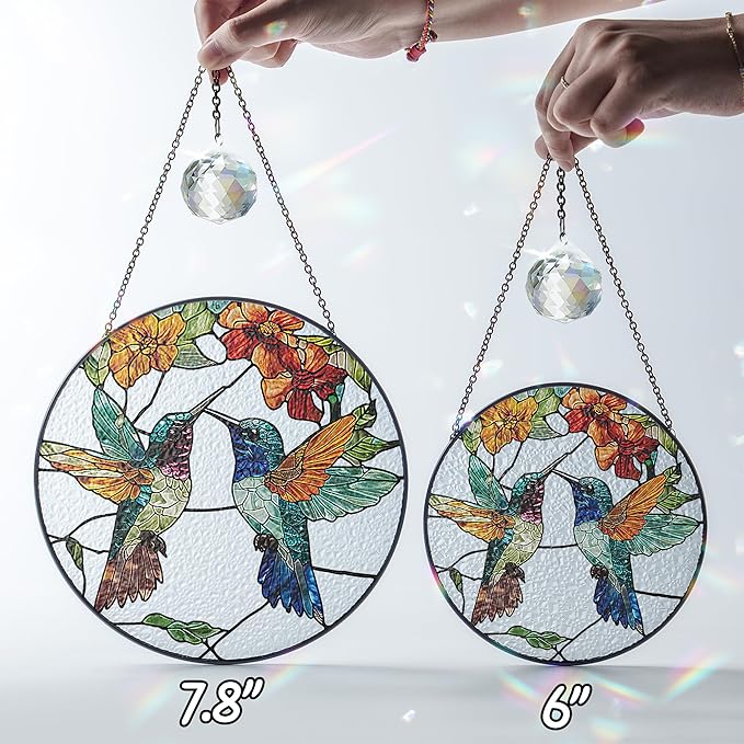6" Hummingbirds Stained Glass Suncatchers Art Glass Birds for Sun Catcher Indoor Window Gifts for Pet Animal Nature Floral Lovers Women Grandma Mom Friend Painted Panel Décor BIRD-06B-SG6