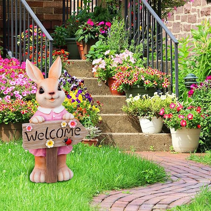 22" Solar Large Rabbit Statue Garden Decor Resin Standing Bunny Statue with Welcome Sign Outdoor Easter Decor for Porch Patio Lawn Yard Gardening Housewarming Gifts, Pink Rabbit