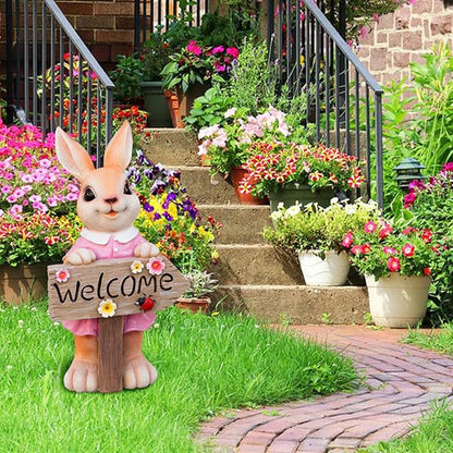 22" Solar Large Rabbit Statue Garden Decor Resin Standing Bunny Statue with Welcome Sign Outdoor Easter Decor for Porch Patio Lawn Yard Gardening Housewarming Gifts, Pink Rabbit