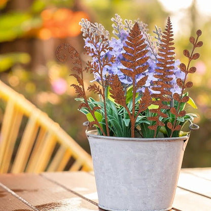 5 Pcs 14.2'' Longer Rusty Metal Flowers and Plants, Rustic Metal Fern Leaf Garden Stakes, Rusty Plant Shaped Decoration for Flower Arrangement Potted Plants Outdoor Lawn Yard Courtyard Art