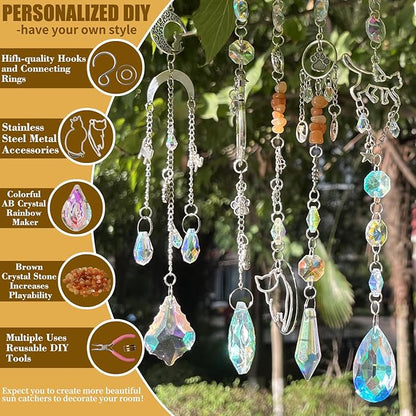 DIY Suncatchers, 450 pcs Sun Catchers Making Supplies Kit Art and Crafts for Adults Prism Hanging Decorative Suncatcher with Crystals Rainbow Maker for Indoor Windows Office Home Decor (Cat)