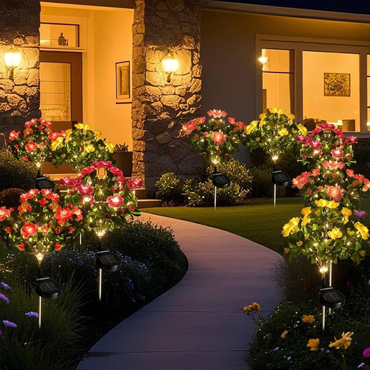 AMARS 4 Pack Solar Garden Lights Outdoor Decor, Waterproof Solar Powered Warm White Lights with Colorful Artificial Azalea Flowers for Yard, Pathway, Patio, Porch, Lawn Decorations