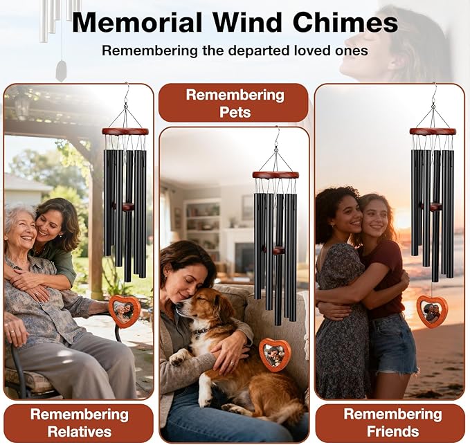 32" Wind Chimes for Outside with Heart Photo Holder, Aluminium Sympathy Wind Chimes Suitable for Outdoor, Garden, Patio Decoration, Sympathy Chime for Loss of Loved One, Friend, Pet Memorial - Black