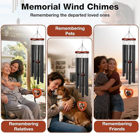 32" Wind Chimes for Outside with Heart Photo Holder, Aluminium Sympathy Wind Chimes Suitable for Outdoor, Garden, Patio Decoration, Sympathy Chime for Loss of Loved One, Friend, Pet Memorial - Black