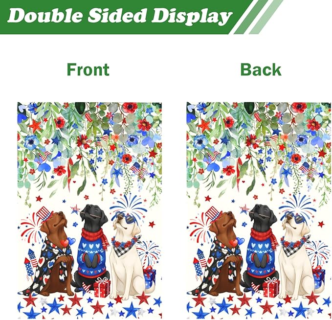 Patriotic Dog Garden Flag 4th of July Black Lab Yard Sign White Chocolate Labrador Banner 12x18 Double Sided for Outside Small 250 Anniversary USA Independence Memorial Day Decor