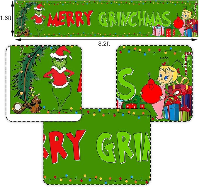 Nepnuser Green Christmas Fence Banner Winter Holiday Party Decoration Xmas Large Home Garden Outdoor Yard Hanging Sign Decor-1.6 * 8.2ft (Green-A)