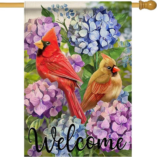 Artofy Welcome Summer Cardinal Red Birds Large Decorative House Flag, Hydrangea Flowers Yard Garden Outside Decor, Spring Floral Burlap Outdoor Home Decoration Double Sided 28 x 40