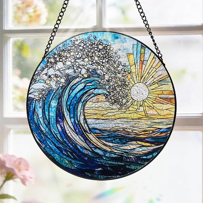 Stained Glass Window Hanging, 8 Inch Sea Wave Suncatcher, Sun Catchers Indoor Window, Ocean Suncatchers for Windows Hanging, Spring Home Garden Coastal Decor Panel, Beach Lover Gift for Women Mom Wife