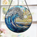 Stained Glass Window Hanging, 8 Inch Sea Wave Suncatcher, Sun Catchers Indoor Window, Ocean Suncatchers for Windows Hanging, Spring Home Garden Coastal Decor Panel, Beach Lover Gift for Women Mom Wife