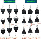 8.5FT Black Tulip Iron Rain Chains for Gutter and Rain Barrel, Replacement for Downspout, Rust-Resistant Plated Garden Décor Rain Chain, Bonus Rain Chain Gutter Adapter, Earrings for House