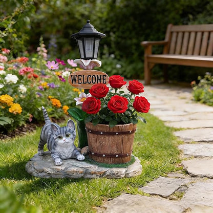 Solar Garden Statue with Planter & Solar Lantern, Outdoor Resin Animal Sculpture, Waterproof Yard Lawn Decor Pot for Succulents, Front Porch Ornament Housewarming Gift(Lying Silver Tabby Cat)