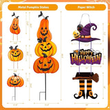 Halloween Metal Pumpkin Yard Stakes, Stackable Pumpkin Signs Garden Stake with Witch Door Hanging, Outdoor Halloween Decorations for Lawn Party (Set of 3, Style A)