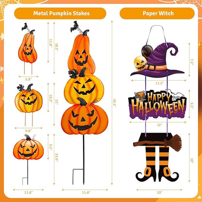 Halloween Metal Pumpkin Yard Stakes, Stackable Pumpkin Signs Garden Stake with Witch Door Hanging, Outdoor Halloween Decorations for Lawn Party (Set of 3, Style A)