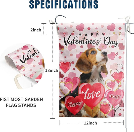 Beagle Valentine Garden Flag Valentines Day Flags for Outside 12x18 Double Sided Small Yard Flags Dog Valentine's Day Decor Outdoor Lawn Valentines Banners Front Porch